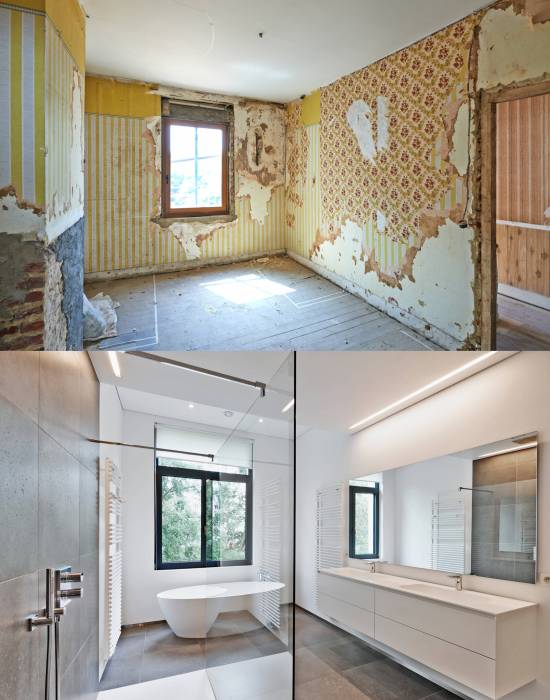 Renovation of a bathroom Before and after in vertical format
